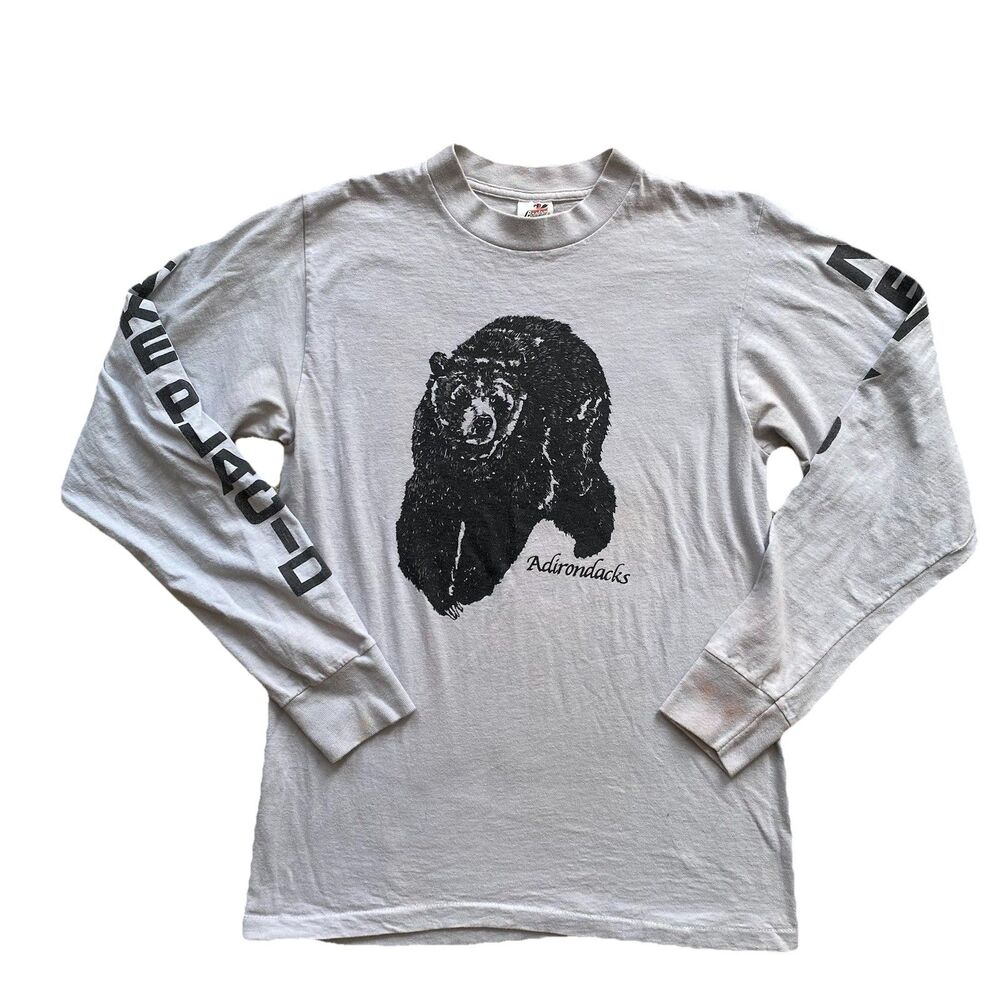 Vintage Adirondacks Long Sleeve T Shirt Bear Medium Gray Lake Placid New York